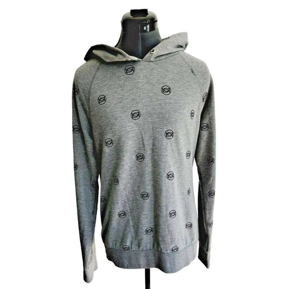 Bebe‎ Sport Gray All Over Logo Print Hoodie Pullover Sweatshirt Womens Medium